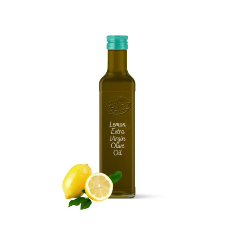 Extra virgin olive oil with lemon in a glass bottle, labeled "Lemon Extra Virgin Olive Oil," alongside fresh lemons and leaves.