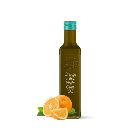 Orange extra virgin olive oil in a glass bottle with a teal cap, accompanied by fresh orange slices and leaves.