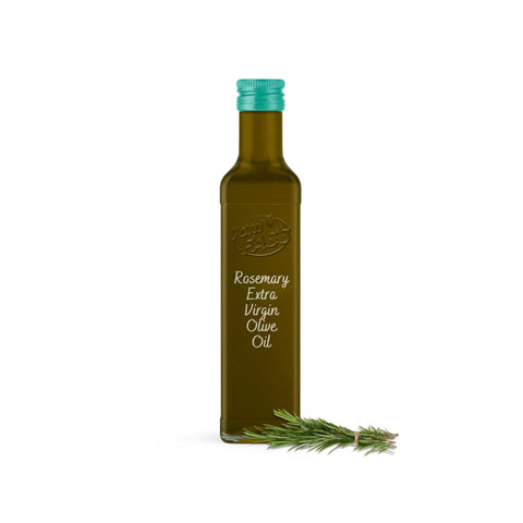 Rosemary extra virgin olive oil in a glass bottle with a teal cap, accompanied by a bundle of fresh rosemary.