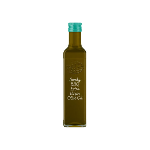 Extra virgin BBQ olive oil in a glass bottle with a green cap
