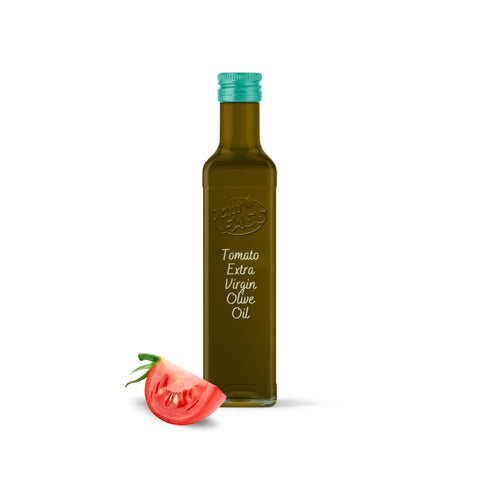 Tomato extra virgin olive oil in a glass bottle with a teal cap, accompanied by a fresh tomato slice.