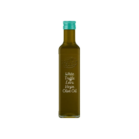 White truffle extra virgin olive oil in a glass bottle with a teal cap on a white background.