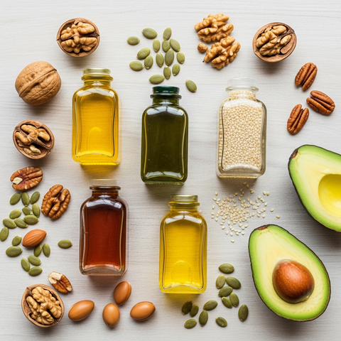 Five varieties of cold-pressed oils in glass bottles with raw nuts, seeds, and avocado