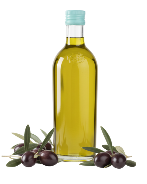 Bottle of olive oil with olives on a white background